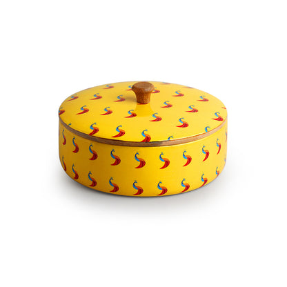 'Peacocks' Hand-Enamelled Chapati Box With Lid In Mango Wood (8.0 Inch, 1140 ml)