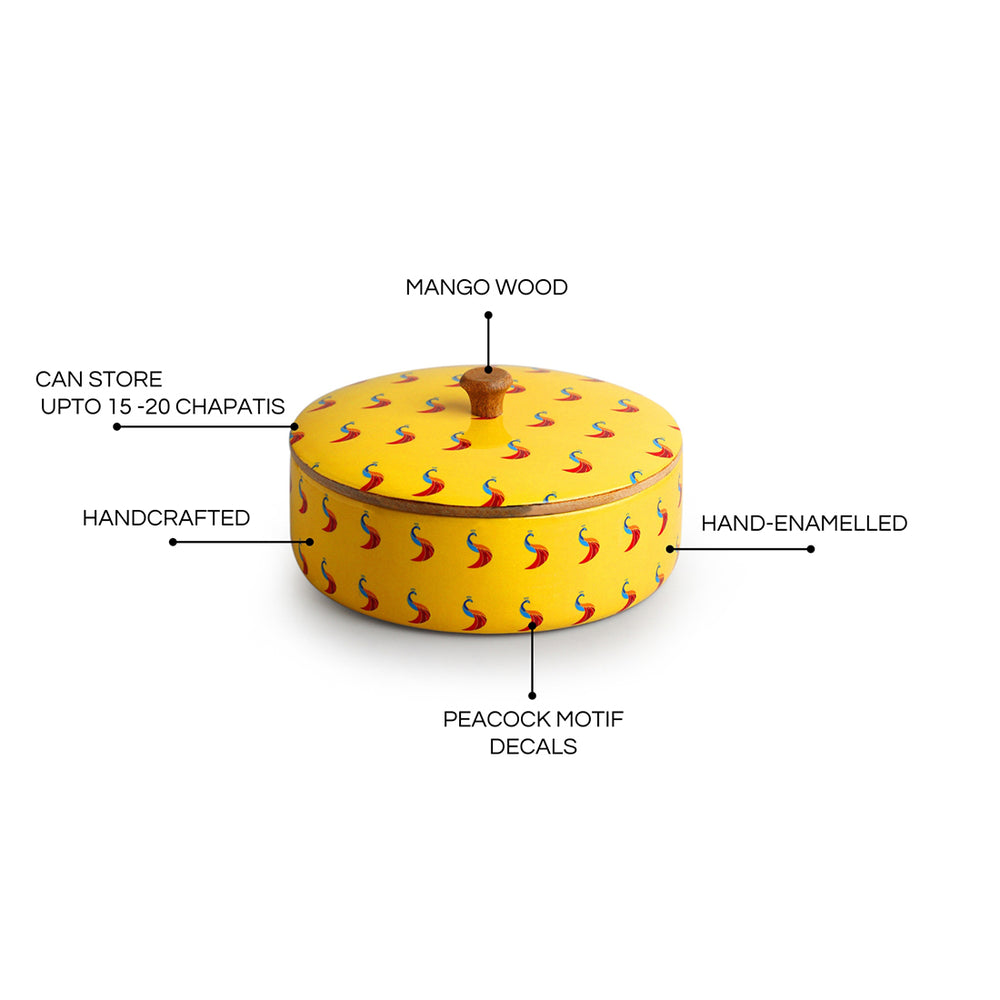 'Peacocks' Hand-Enamelled Chapati Box With Lid In Mango Wood (8.0 Inch, 1140 ml)
