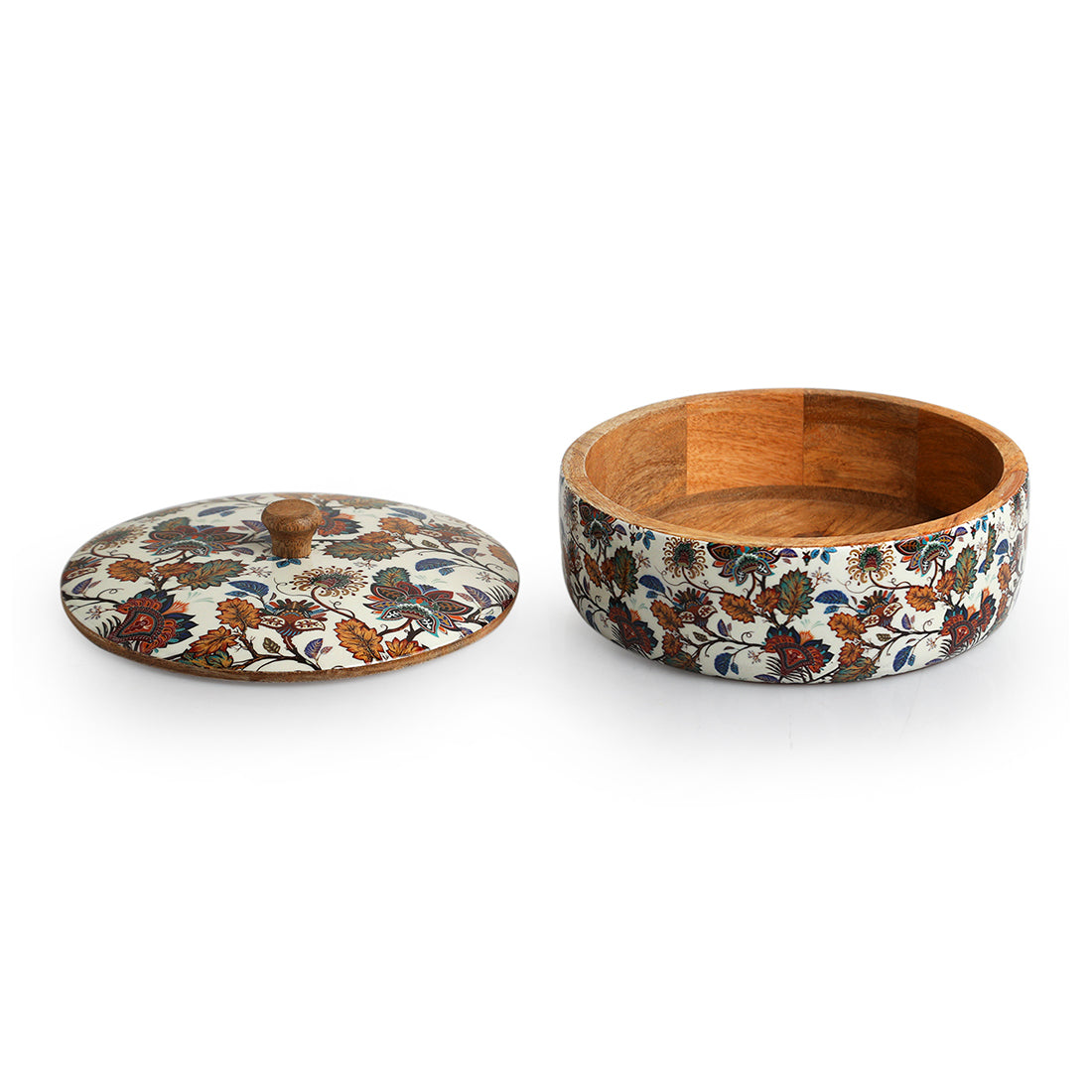 Floral Chronicles' Hand-Enamelled Chapati Box With Lid In Mango Wood (8.0 Inch, 1140 ml)