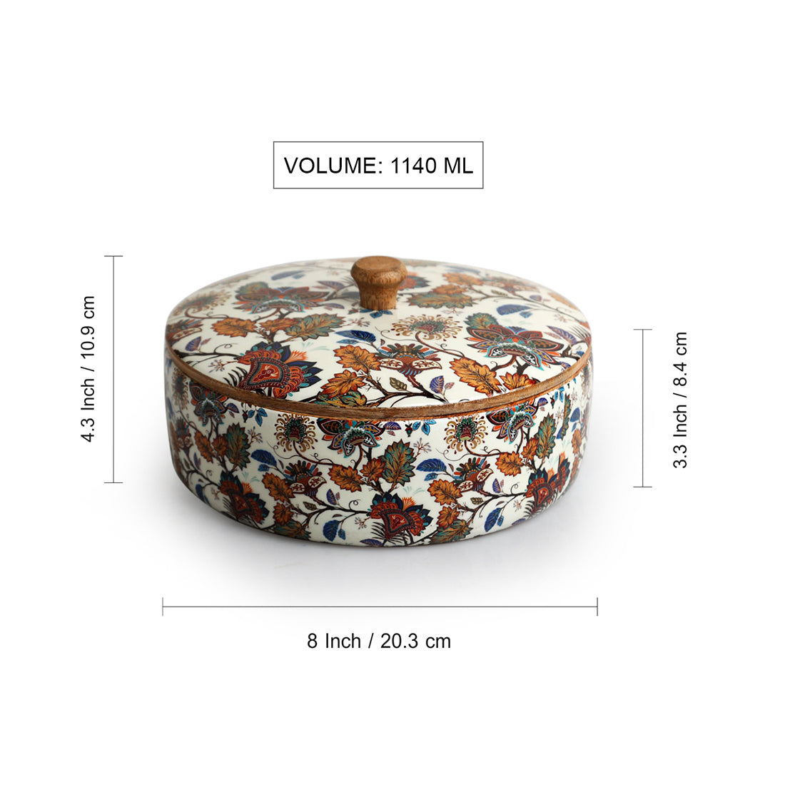 Floral Chronicles' Hand-Enamelled Chapati Box With Lid In Mango Wood (8.0 Inch, 1140 ml)