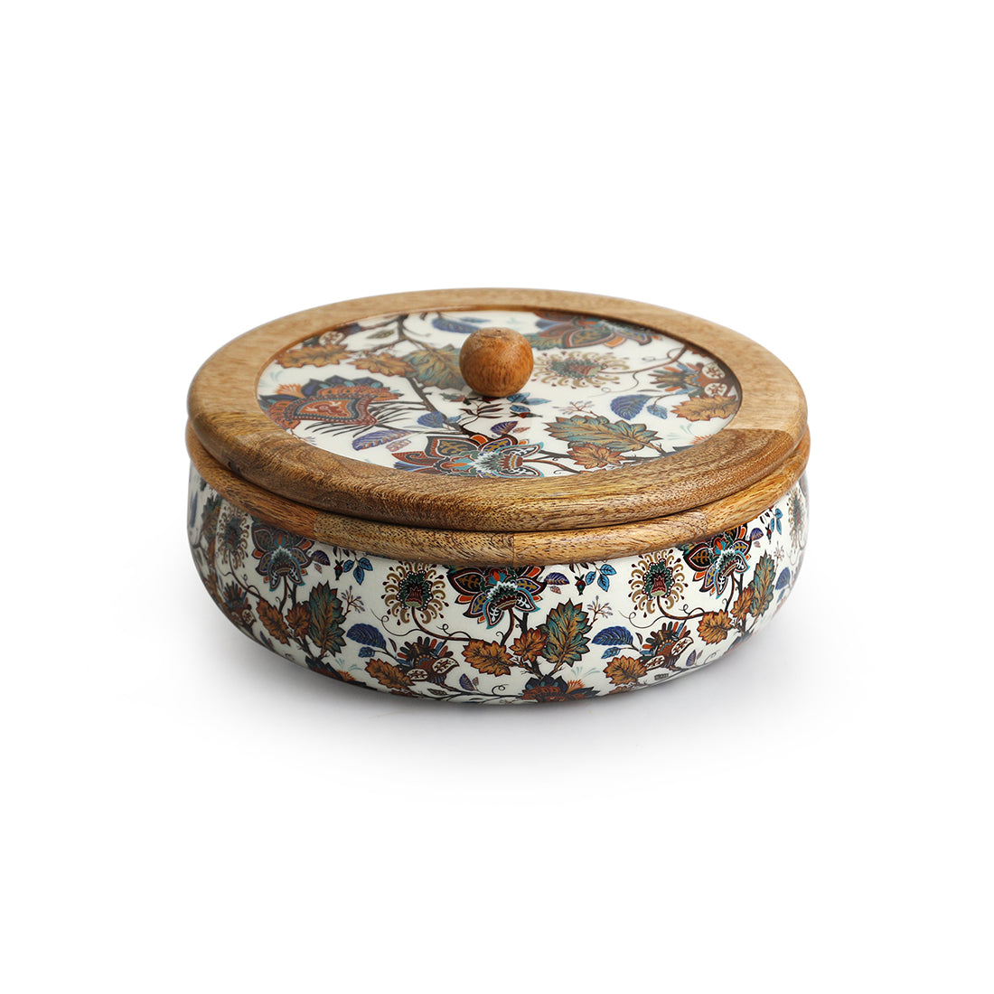 'Floral Chronicles' Hand-Enamelled Chapati Box With Lid In Mango Wood (8.0 Inch, 1080 ml)