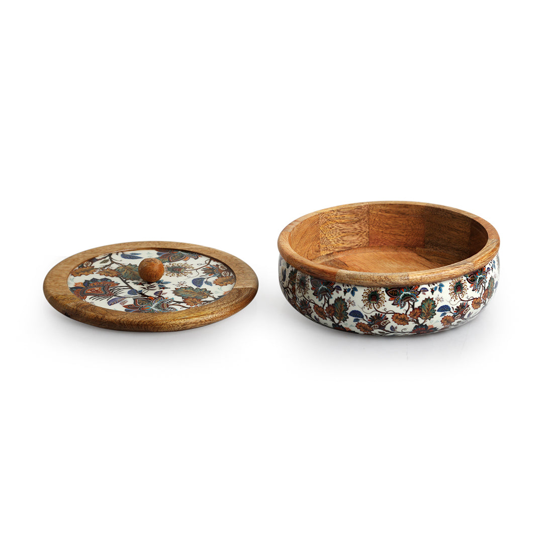 'Floral Chronicles' Hand-Enamelled Chapati Box With Lid In Mango Wood (8.0 Inch, 1080 ml)