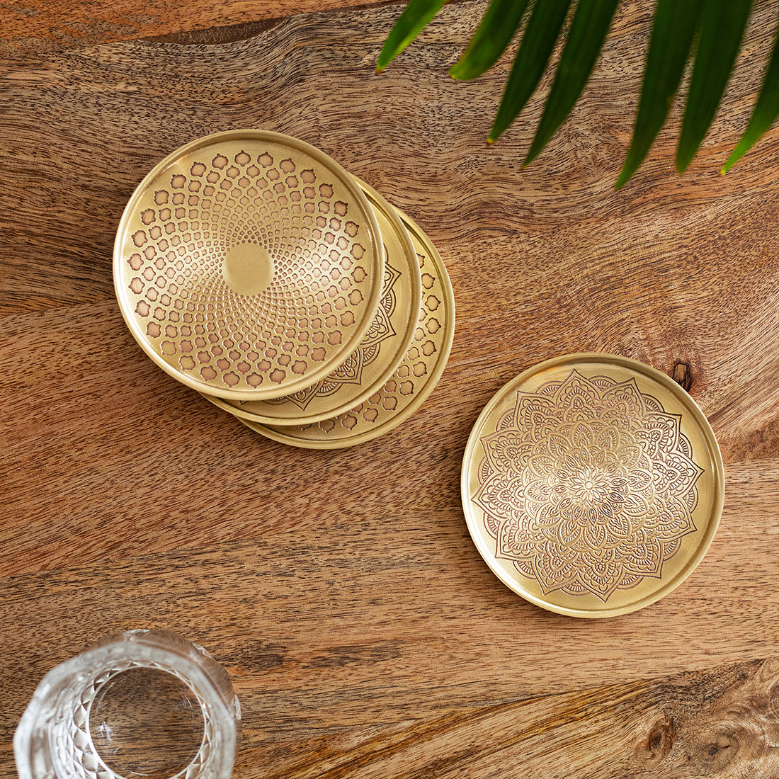 Mughal-Mandala' Hand-Etched Brass Coasters (Set Of 4)