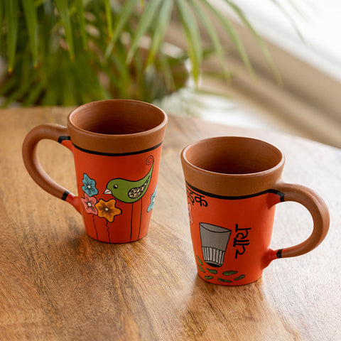 'Chai Birdies' Terracotta Coffee & Tea Cups (Set Of 2, 250 ML, Hand-Painted, Orange)