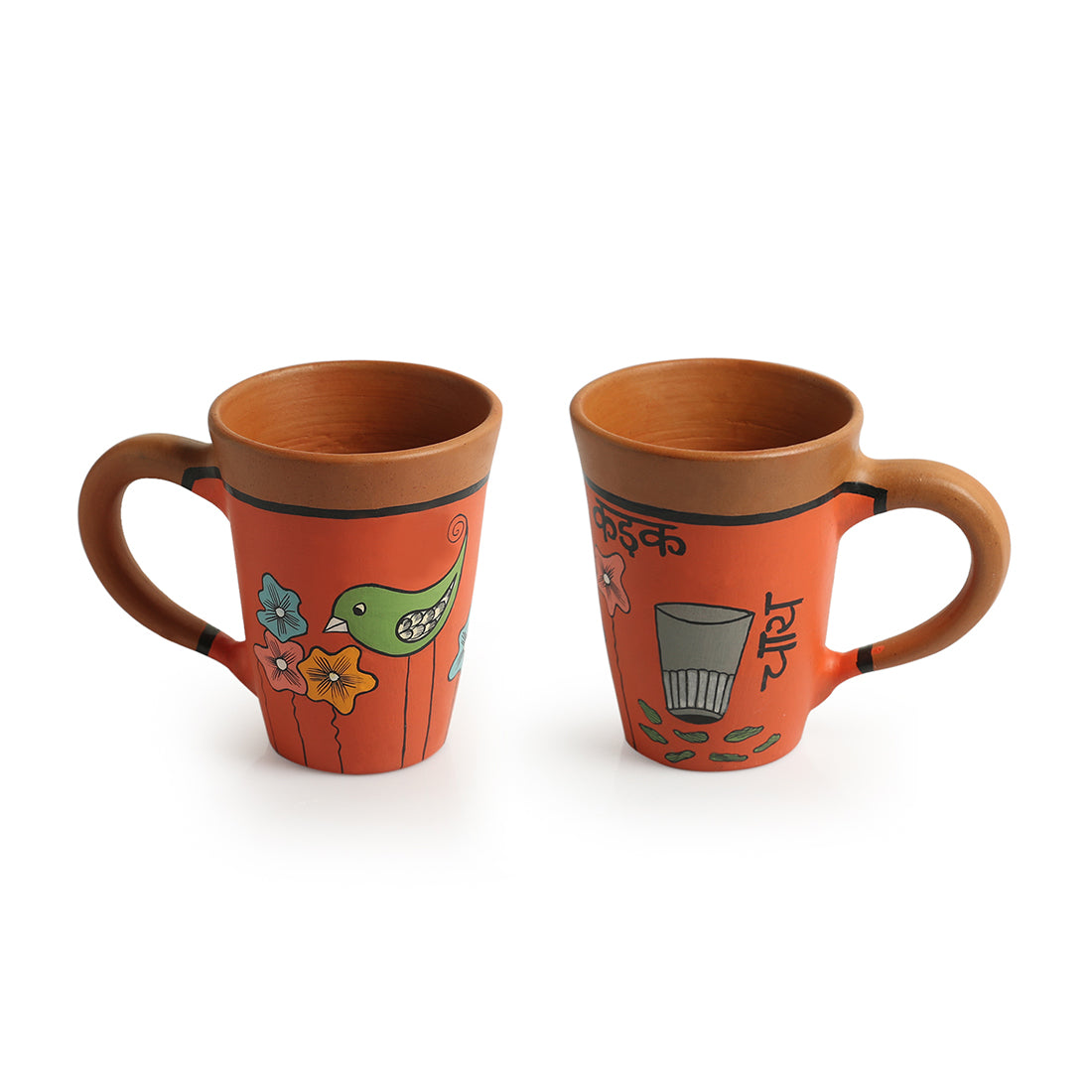 'Chai Birdies' Terracotta Coffee & Tea Cups (Set Of 2, 250 ML, Hand-Painted, Orange)