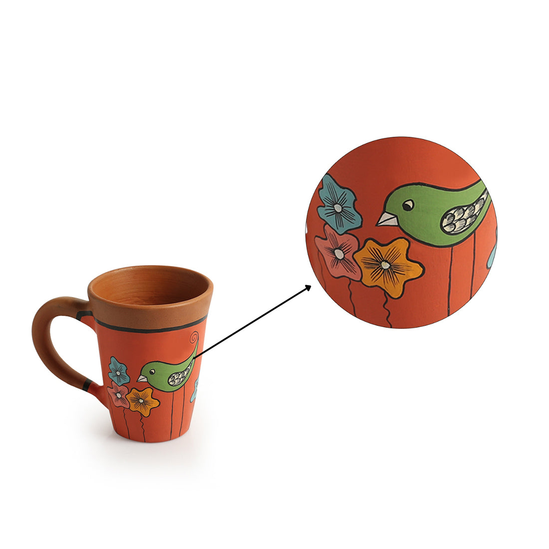 'Chai Birdies' Terracotta Coffee & Tea Cups (Set Of 2, 250 ML, Hand-Painted, Orange)