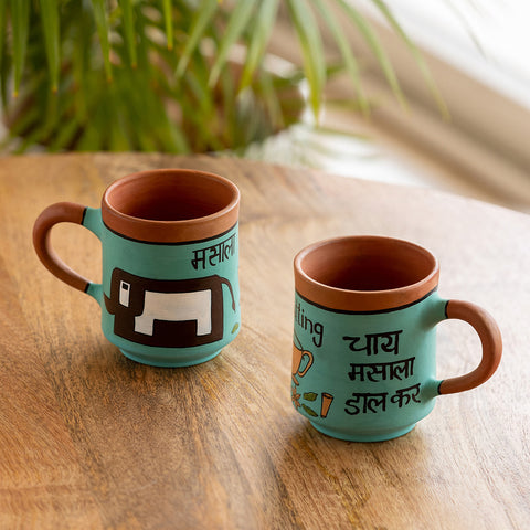 Chai Masala' Terracotta Coffee & Tea Cups (Set Of 2, 210 ML, Hand-Painted, Turquoise)