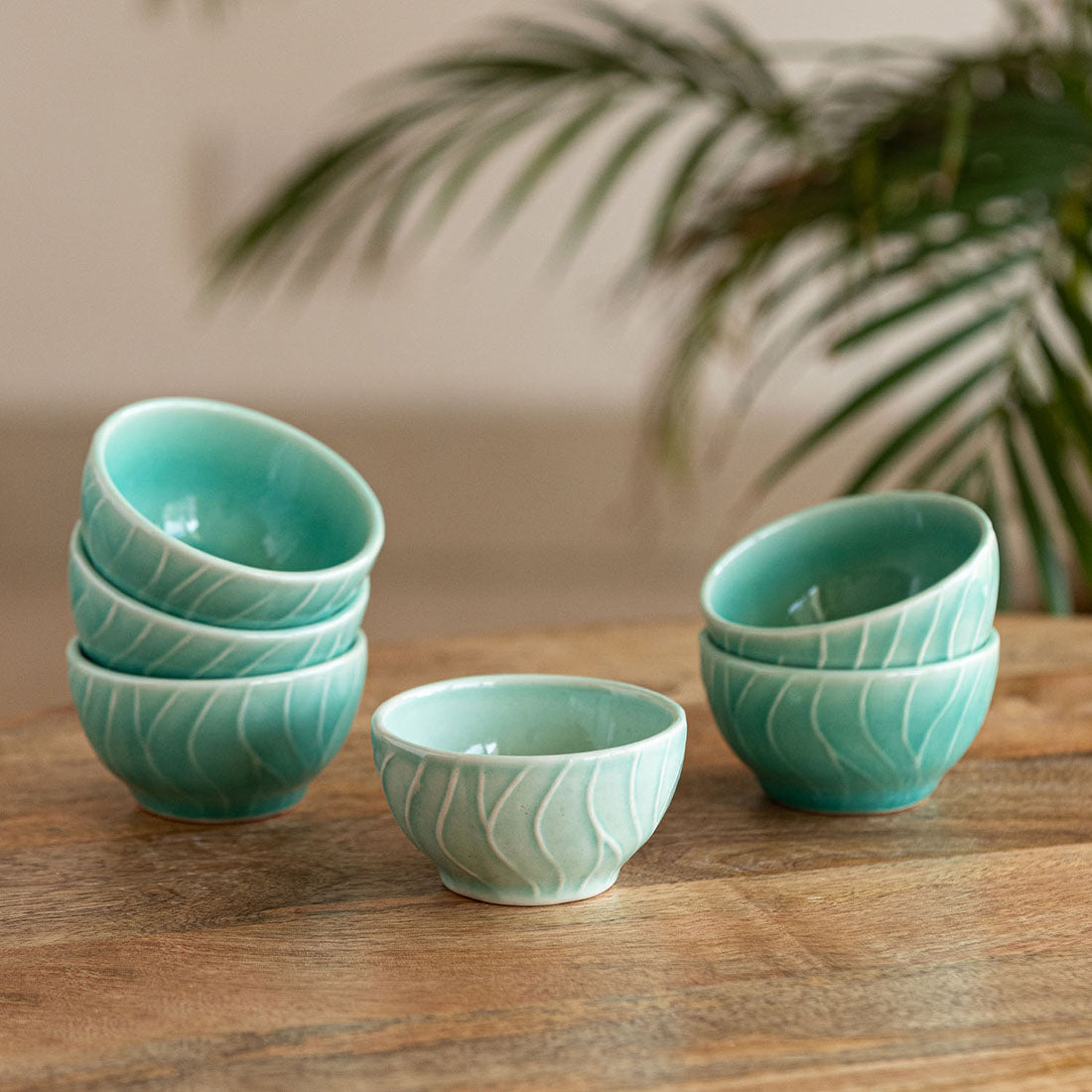 Caribbean Green' Hand Glazed Ceramic Dinner Bowls/Katoris (Set of 6, 120 ML, Microwave Safe, Hand-Etched)