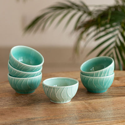 Caribbean Green' Hand Glazed Ceramic Dinner Bowls/Katoris (Set of 6, 120 ML, Microwave Safe, Hand-Etched)