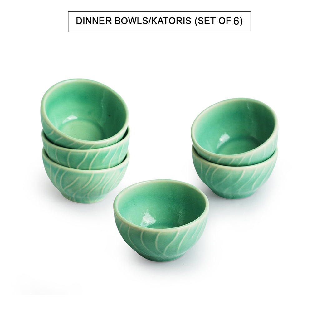 Caribbean Green' Hand Glazed Ceramic Dinner Bowls/Katoris (Set of 6, 120 ML, Microwave Safe, Hand-Etched)