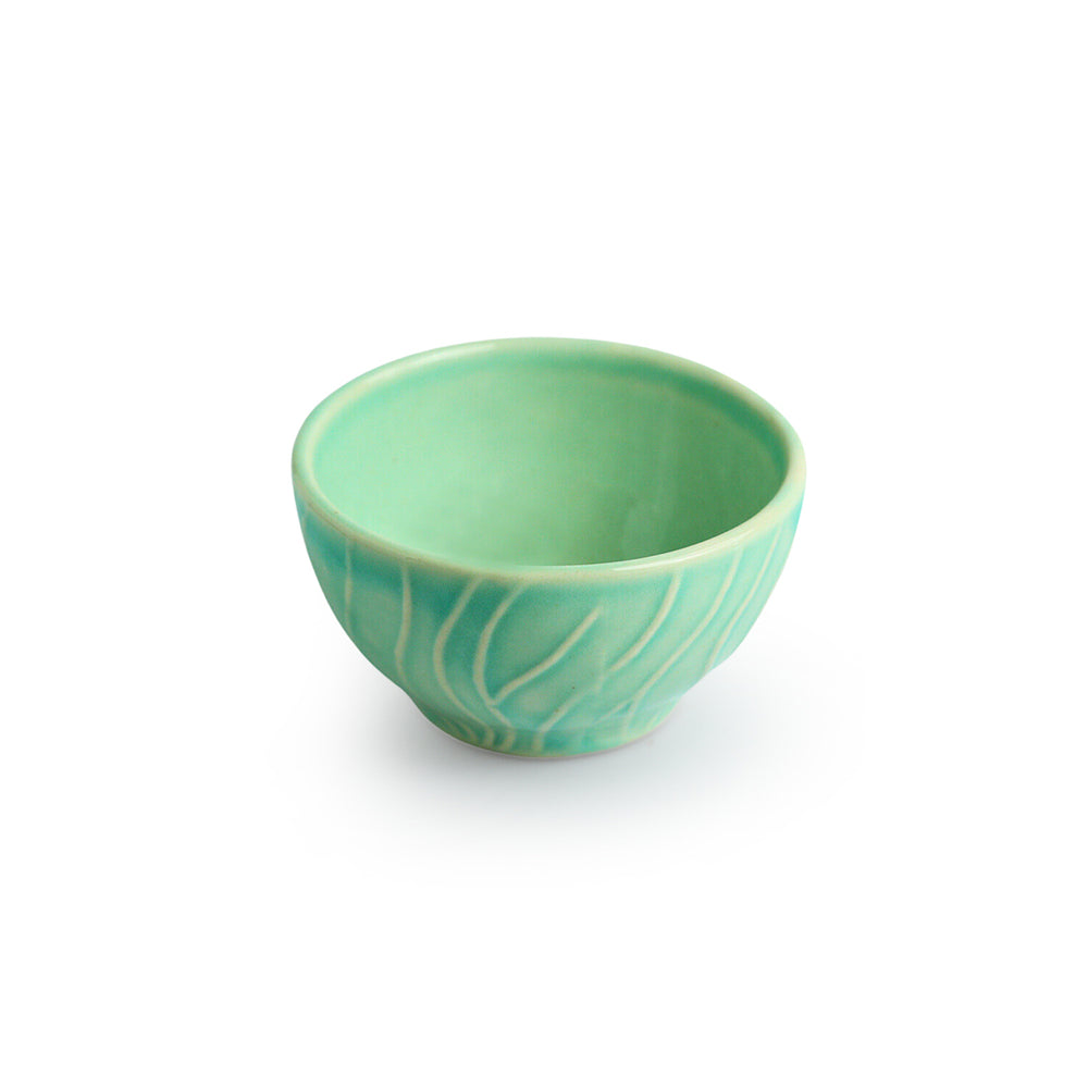 Caribbean Green' Hand Glazed Ceramic Dinner Bowls/Katoris (Set of 6, 120 ML, Microwave Safe, Hand-Etched)