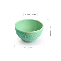 Caribbean Green' Hand Glazed Ceramic Dinner Bowls/Katoris (Set of 6, 120 ML, Microwave Safe, Hand-Etched)