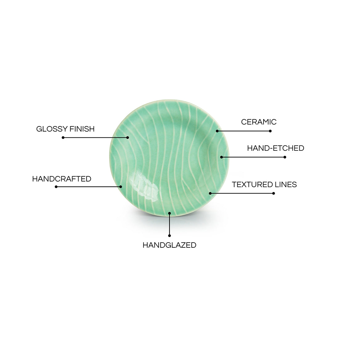 Caribbean Green' Hand Glazed Ceramic Pasta Bowls/Plates (Microwave Safe, Hand-Etched)