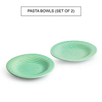 Caribbean Green' Hand Glazed Ceramic Pasta Bowls/Plates (Set of 2, Microwave Safe, Hand-Etched)