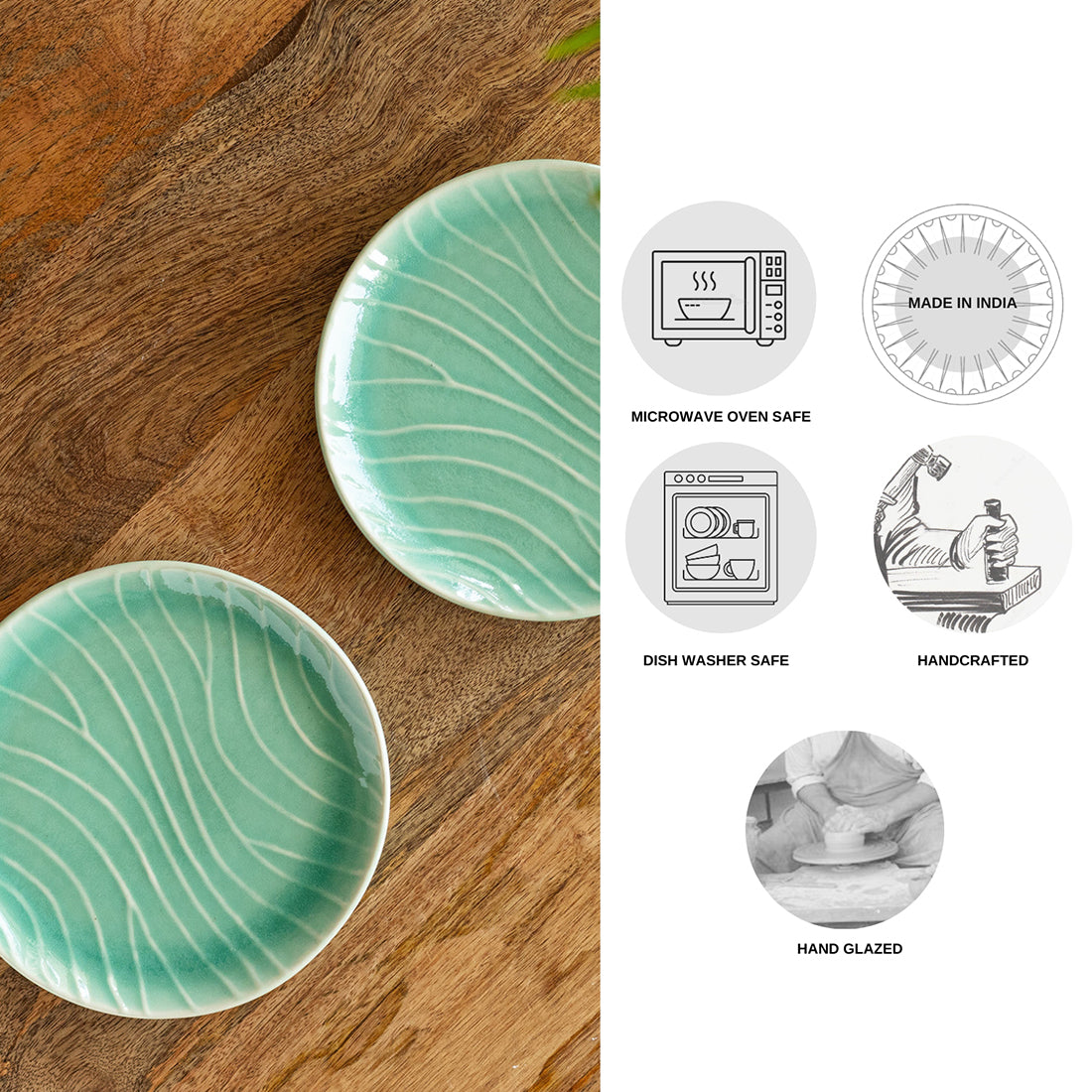 Carribean Green' Hand Glazed Ceramic Side/Quarter Plates (Set of 2, Microwave Safe, Hand-Etched)