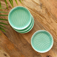 Carribean Green' Hand Glazed Ceramic Side/Quarter Plates (Set of 4, Microwave Safe, Hand-Etched)