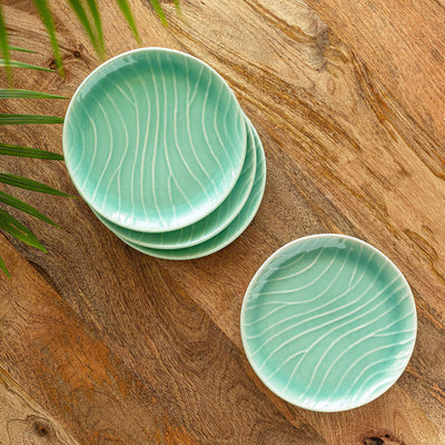 Carribean Green' Hand Glazed Ceramic Side/Quarter Plates (Set of 4, Microwave Safe, Hand-Etched)