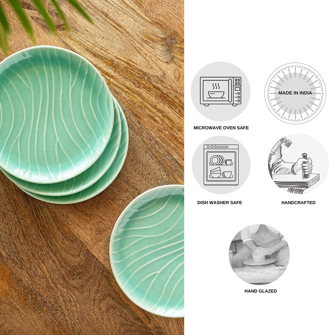 Carribean Green' Hand Glazed Ceramic Side/Quarter Plates (Set of 4, Microwave Safe, Hand-Etched)