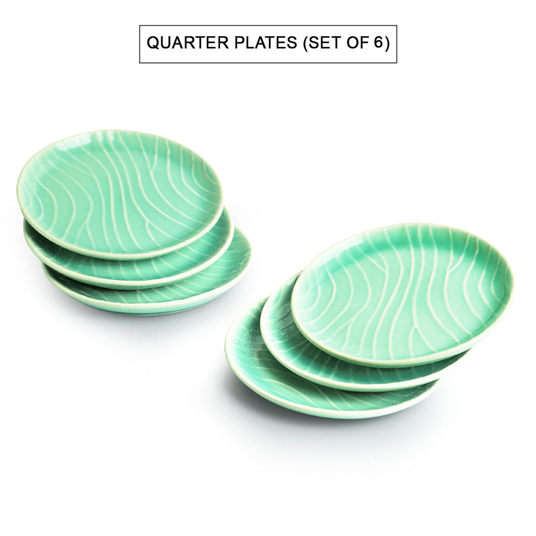 Carribean Green' Hand Glazed Ceramic Side/Quarter Plates (Set of 6, Microwave Safe, Hand-Etched)