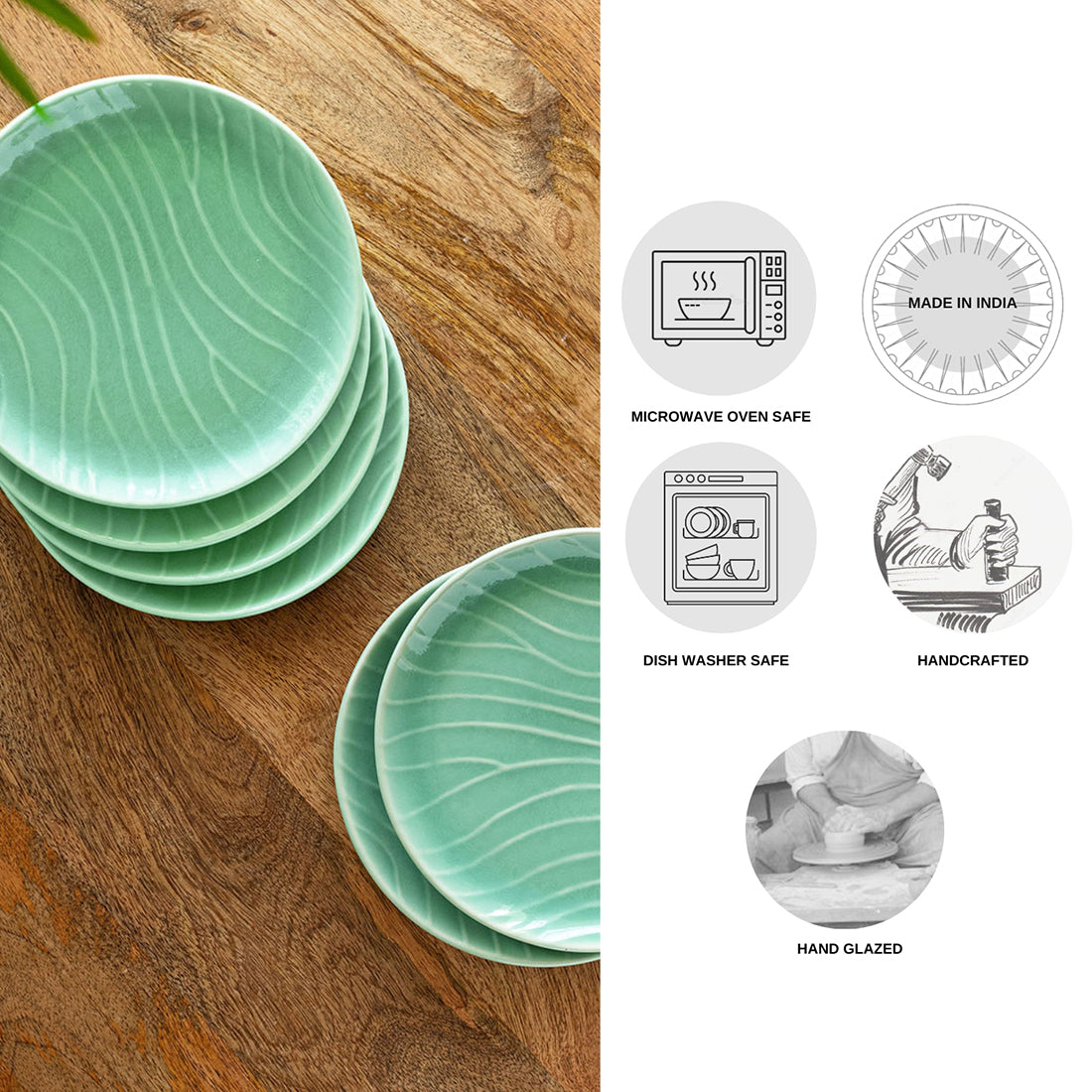 Carribean Green' Hand Glazed Ceramic Side/Quarter Plates (Set of 6, Microwave Safe, Hand-Etched)