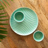 Caribbean Green' Hand Glazed Ceramic Dinner Plate With Dinner Katoris (3 Pieces, Serving for 1, Microwave Safe, Hand-Etched)