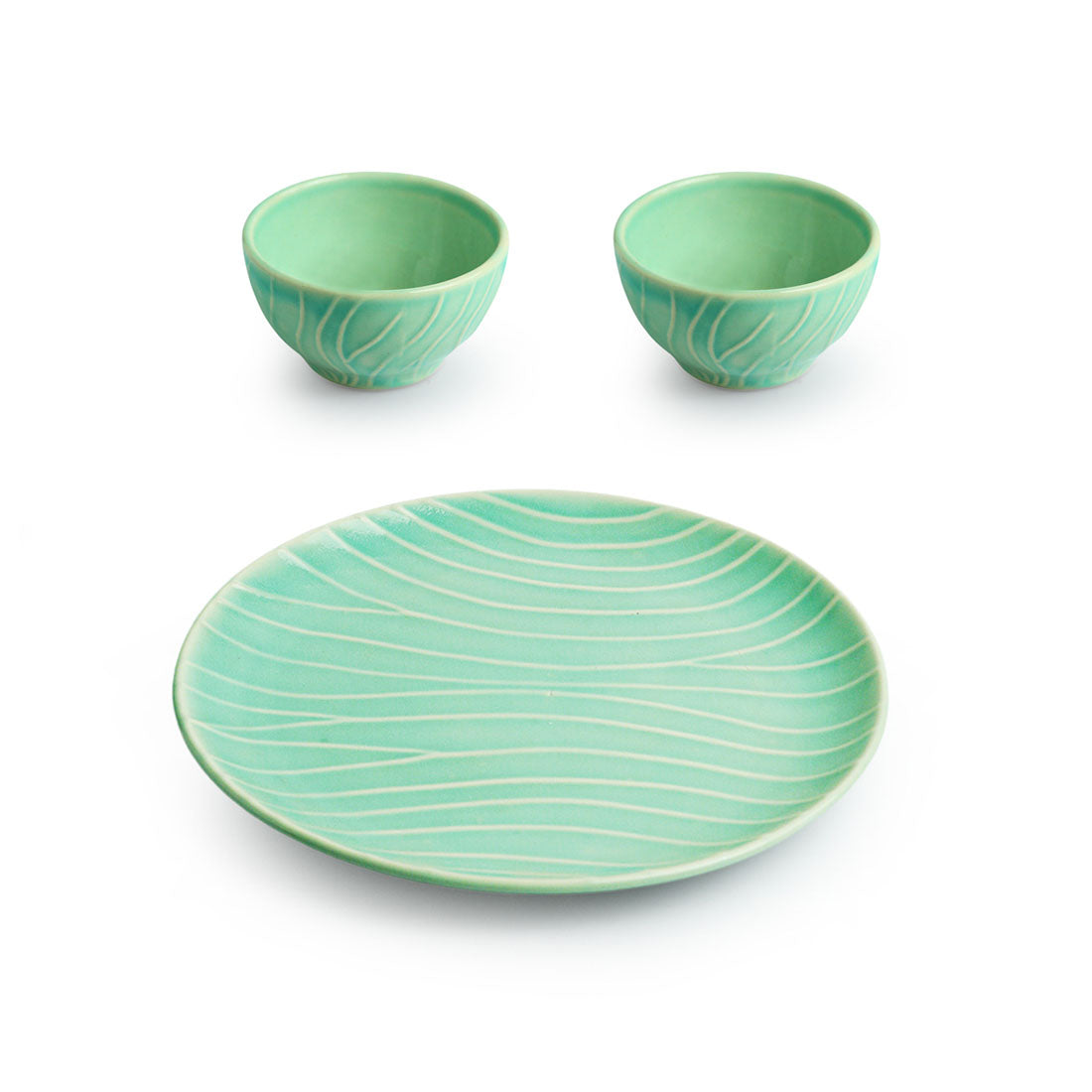 Caribbean Green' Hand Glazed Ceramic Dinner Plate With Dinner Katoris (3 Pieces, Serving for 1, Microwave Safe, Hand-Etched)