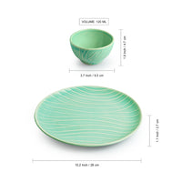 Caribbean Green' Hand Glazed Ceramic Dinner Plate With Dinner Katoris (3 Pieces, Serving for 1, Microwave Safe, Hand-Etched)