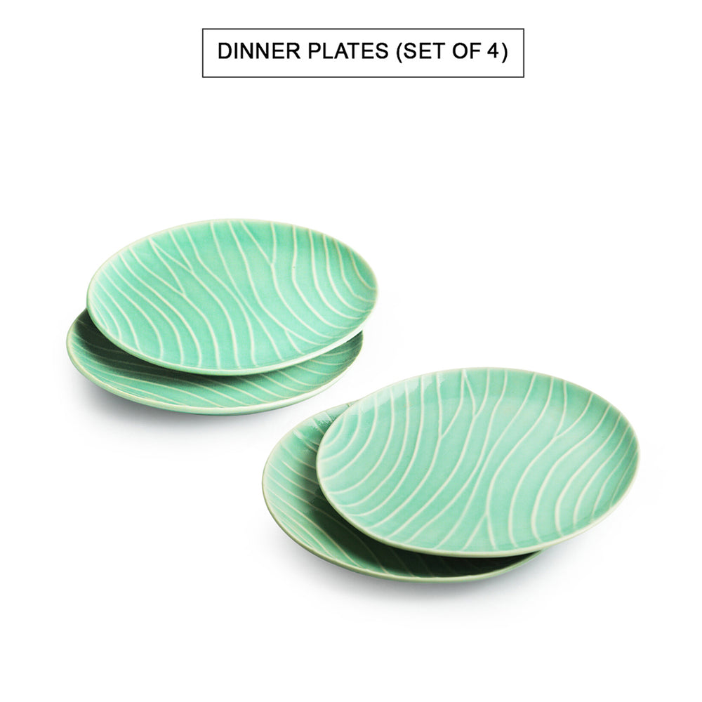 Caribbean Green' Hand Glazed Ceramic Dinner Plates With Dinner Katoris (8 Pieces, Serving for 4, Microwave Safe, Hand-Etched)