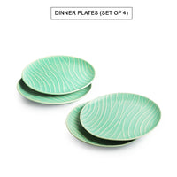 Caribbean Green' Hand Glazed Ceramic Dinner Plates With Dinner Katoris (8 Pieces, Serving for 4, Microwave Safe, Hand-Etched)