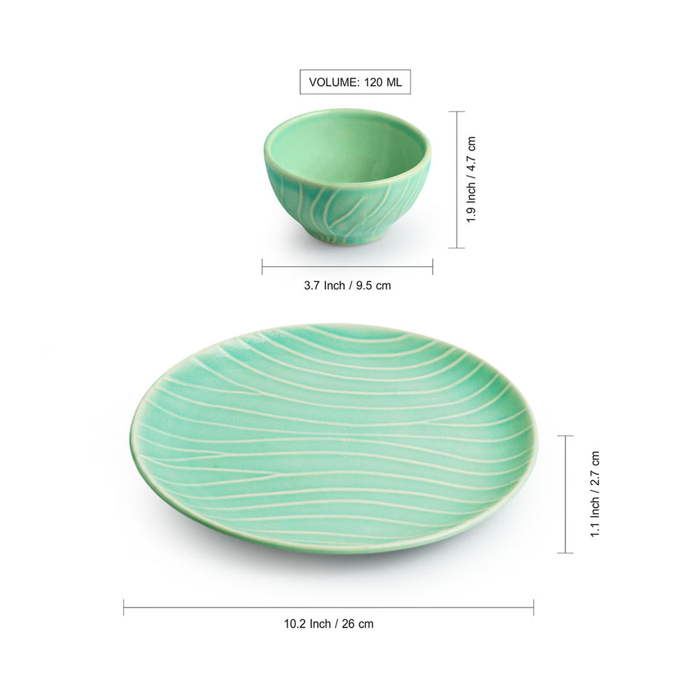 Caribbean Green' Hand Glazed Ceramic Dinner Plates With Dinner Katoris (8 Pieces, Serving for 4, Microwave Safe, Hand-Etched)