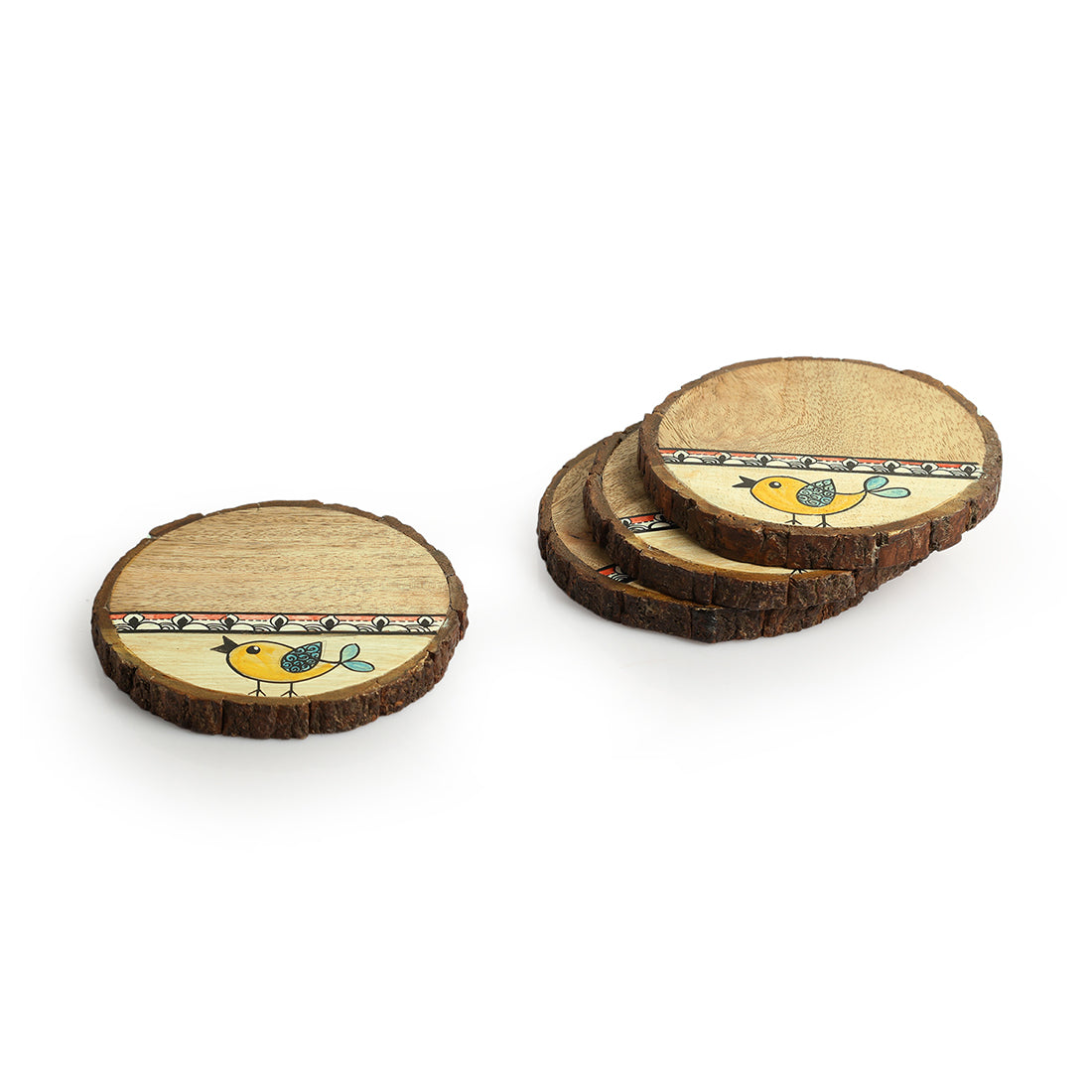 Yellow Sparrows' Decorative Coasters In Mango Wood (Set of 4, Hand-Painted)