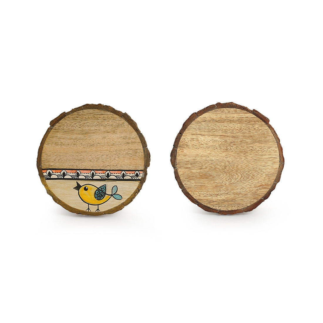 Yellow Sparrows' Decorative Coasters In Mango Wood (Set of 4, Hand-Painted)