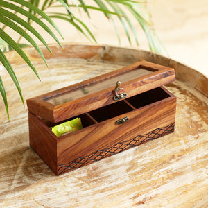 Diamond Geometrica' Multiutility Tea Box (3 Sections, Sheesham Wood, Pyrographed)