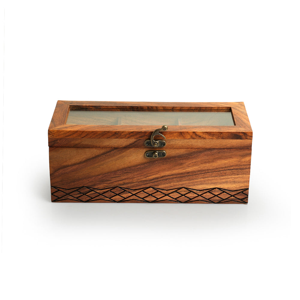 Diamond Geometrica' Multiutility Tea Box (3 Sections, Sheesham Wood, Pyrographed)