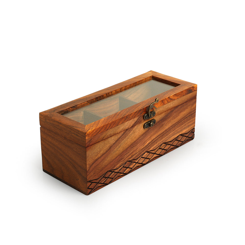 Diamond Geometrica' Multiutility Tea Box (3 Sections, Sheesham Wood, Pyrographed)