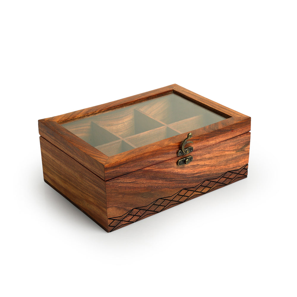 Diamond Geometrica' Multiutility Tea Box (6 Sections, Sheesham Wood, Pyrographed)