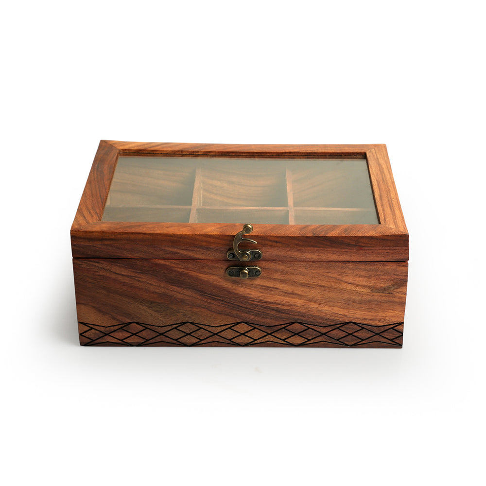 Diamond Geometrica' Multiutility Tea Box (6 Sections, Sheesham Wood, Pyrographed)