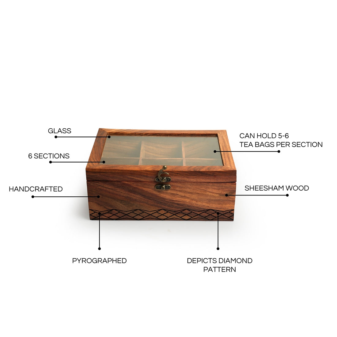 Diamond Geometrica' Multiutility Tea Box (6 Sections, Sheesham Wood, Pyrographed)