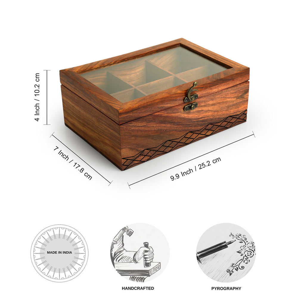 Diamond Geometrica' Multiutility Tea Box (6 Sections, Sheesham Wood, Pyrographed)