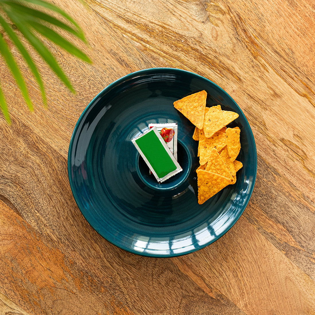 Teal Forest' Chip-N-Dip Serving Platter In Ceramic (40 ml, Hand Glazed, Microwave Safe)