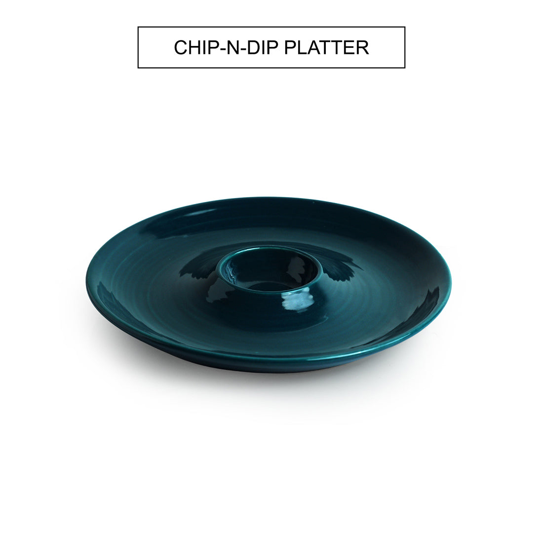 Teal Forest' Chip-N-Dip Serving Platter In Ceramic (40 ml, Hand Glazed, Microwave Safe)