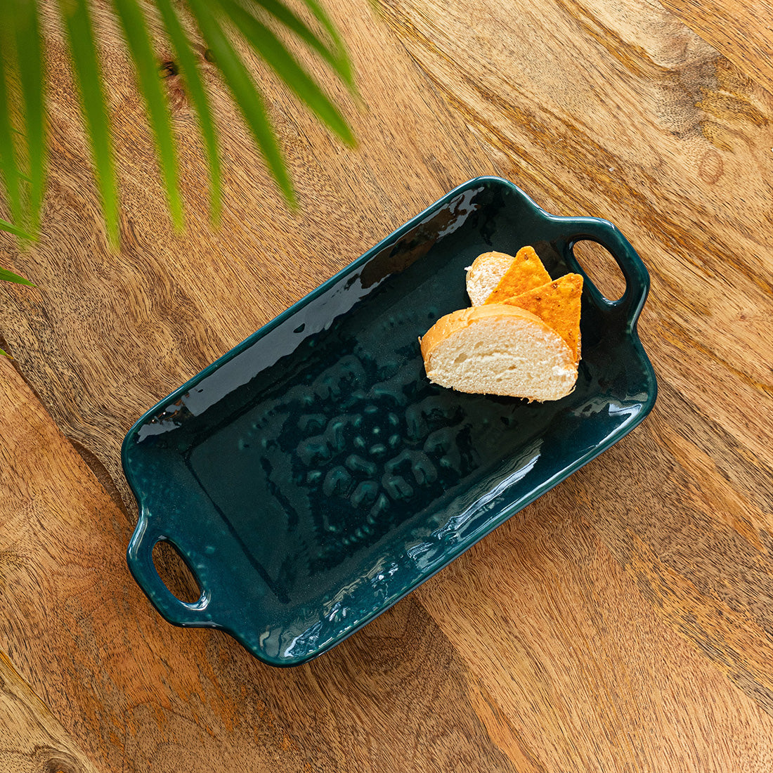 Teal Forest' Hand Glazed Serving Platter In Ceramic (Hand-Etched, Microwave Safe)