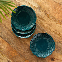 Teal Forest' Hand Glazed Ceramic Side/Quarter Plates (Set of 4, Hand-Etched, Microwave Safe)