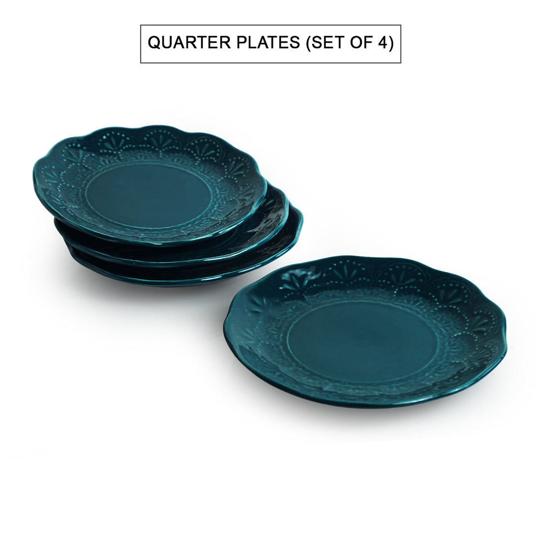 Teal Forest' Hand Glazed Ceramic Side/Quarter Plates (Set of 4, Hand-Etched, Microwave Safe)