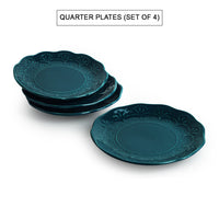 Teal Forest' Hand Glazed Ceramic Side/Quarter Plates (Set of 4, Hand-Etched, Microwave Safe)