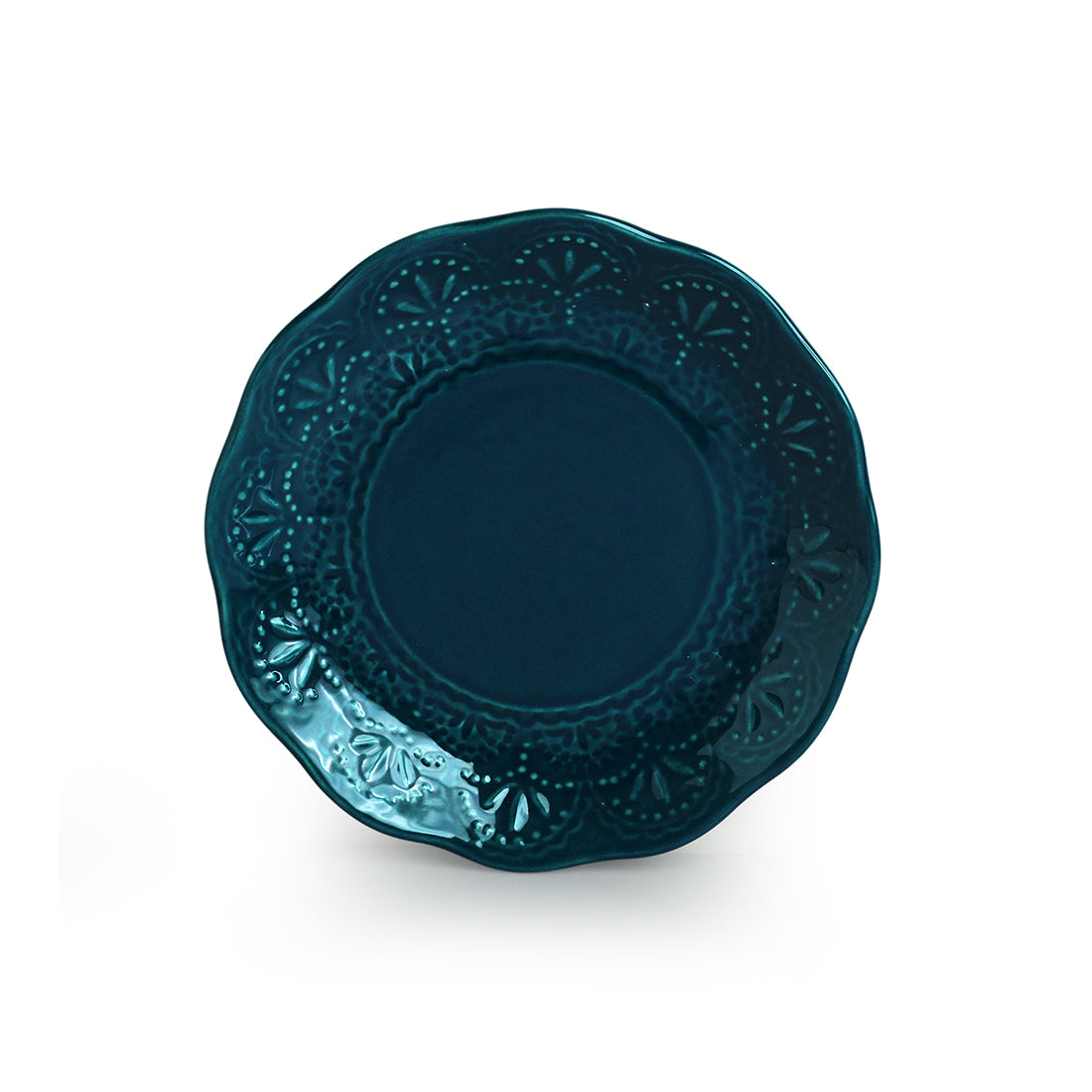 Teal Forest' Hand Glazed Ceramic Side/Quarter Plates (Set of 4, Hand-Etched, Microwave Safe)