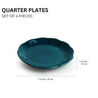 Teal Forest' Hand Glazed Ceramic Side/Quarter Plates (Set of 4, Hand-Etched, Microwave Safe)