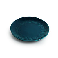 Teal Forest' Hand Glazed Ceramic Dinner Plates (Set of 4, Hand-Etched, Microwave Safe)