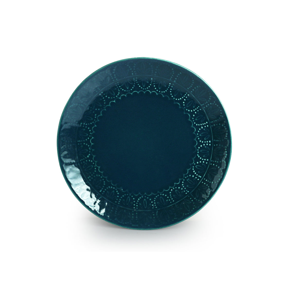 Teal Forest' Hand Glazed Ceramic Dinner Plates (Set of 4, Hand-Etched, Microwave Safe)