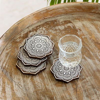 Mandala Block' Handcrafted Floral Coasters (Set of 4, Sheesham Wood)